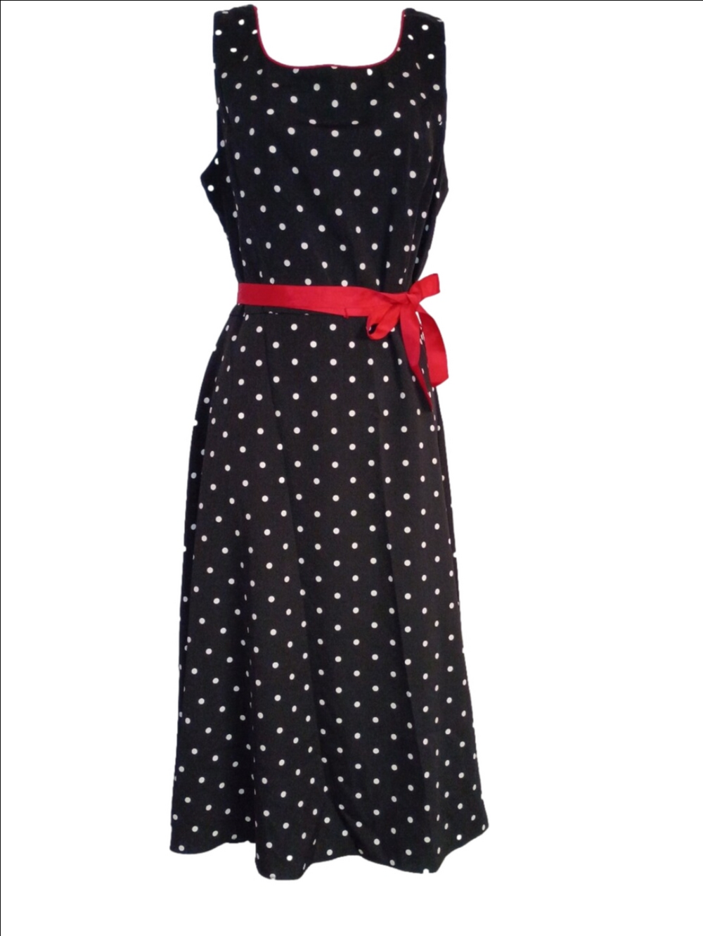 Retro  Polka Dot Midi Dress with Red Waist Tie